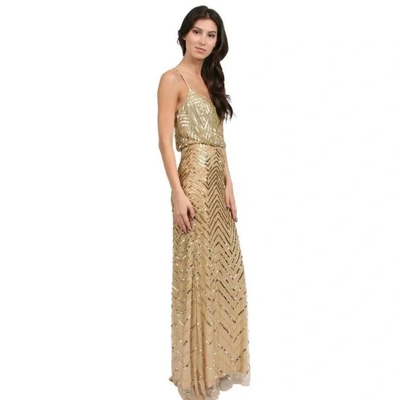 NWT Adrianna Papell Gold Chevron Beaded Blouson Gown 14